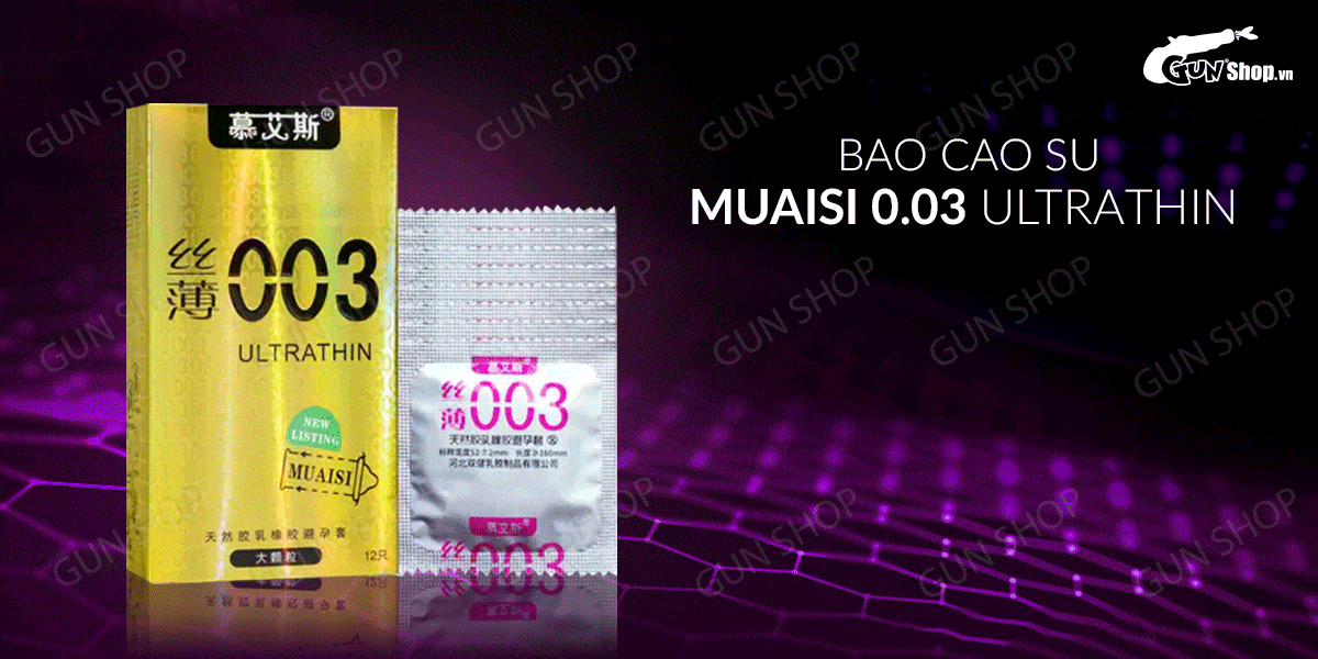  Cửa hàng bán Bao cao su Muaisi 0.03 Ultrathin Vàng - Siêu mỏng có hạt - Hộp 12 cái chính hãng